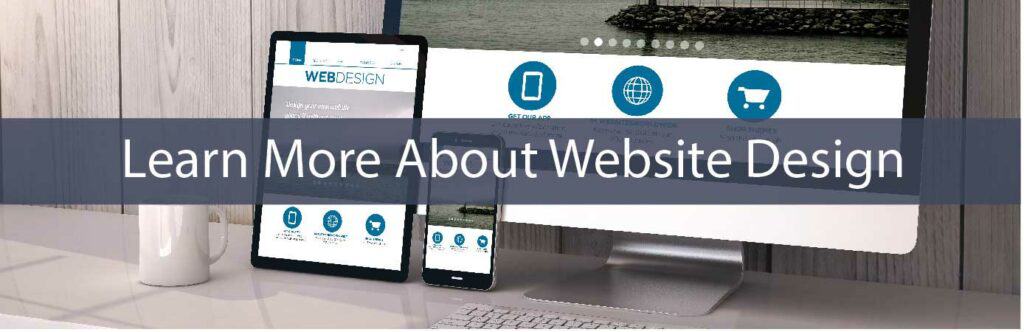 learn about web design - desktop, tablet & smart phone on desk - in blue