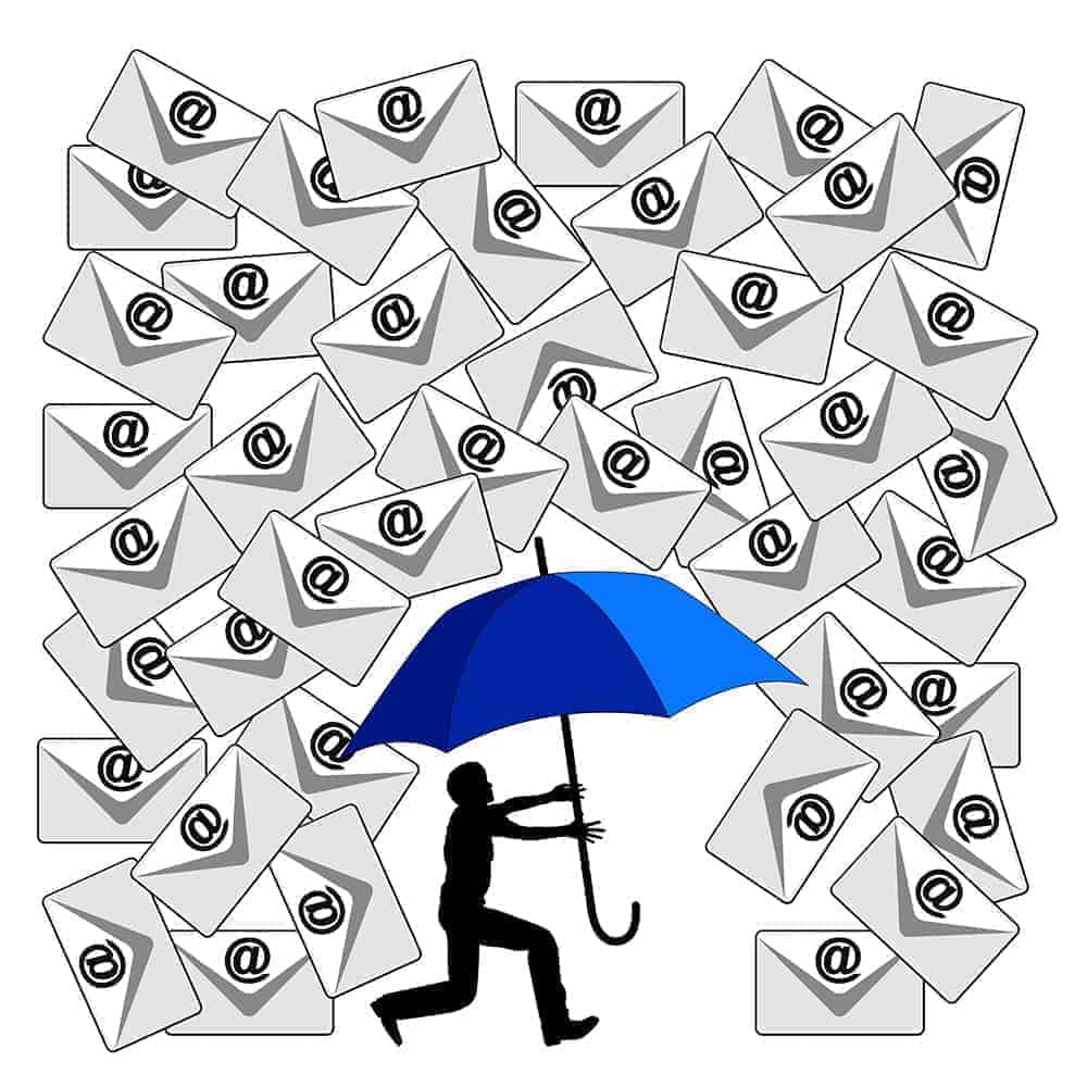 emails raining on a man with an umbrella